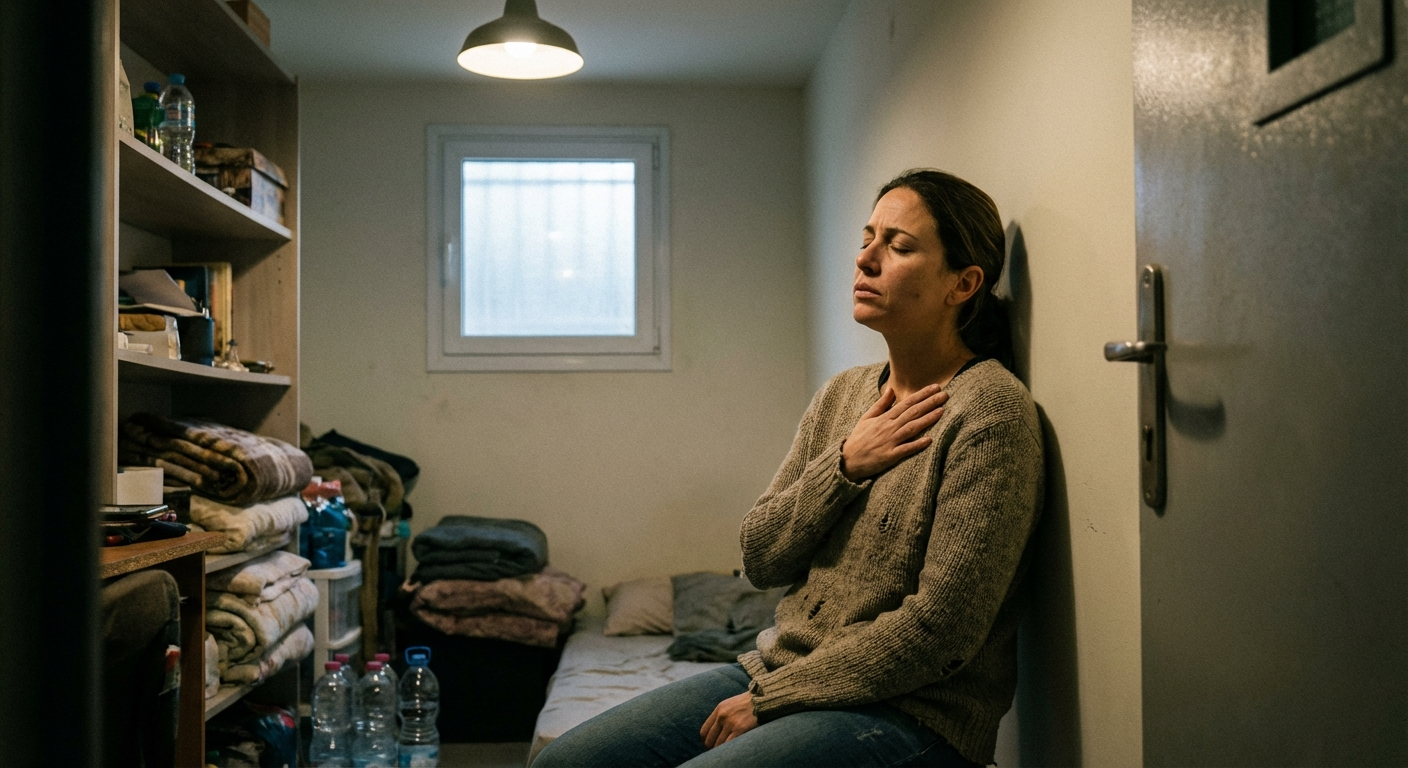 אישה ישראלית במרחב מוגן יושבת נשענת על קיר עם יד על החזה ונושמת לאט בזמן אזעקה