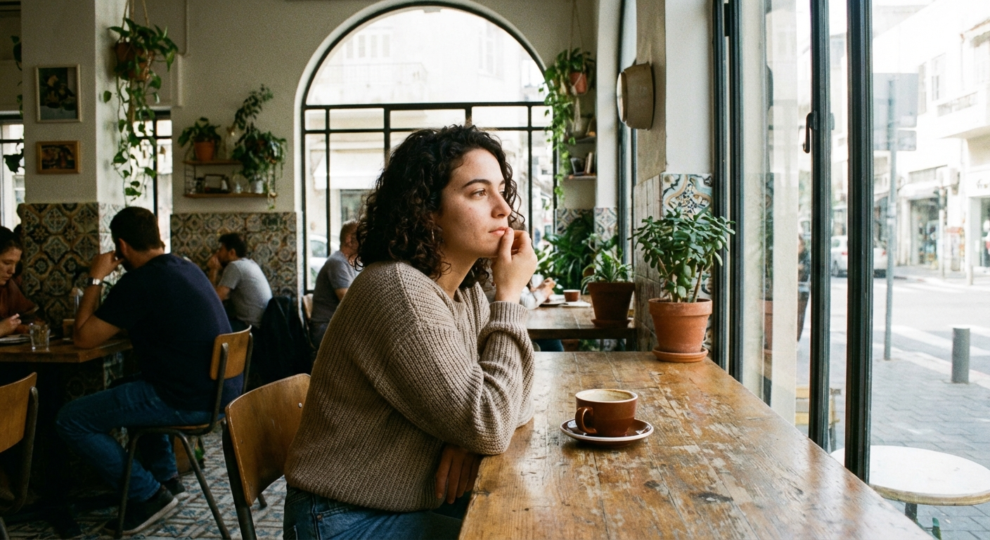 אישה ישראלית צעירה יושבת בבית קפה, מביטה בחוץ בהבעה מהורהרת
