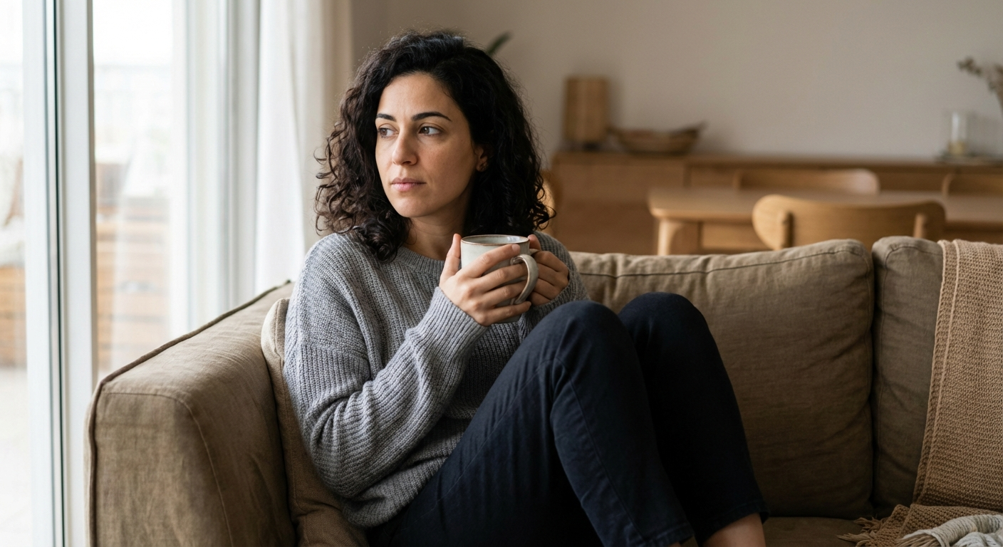 אישה ישראלית בשנות ה-30 יושבת על ספה עם ספל, מביטה בחלון, הבעת פנים מהורהרת