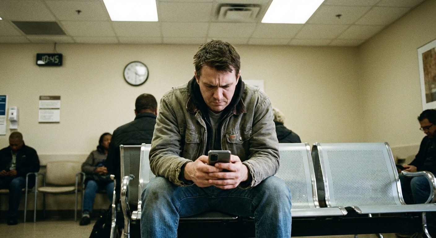 אדם יושב בחדר המתנה של מרפאה, מביט בטלפון בחרדה, אור פלורסנט