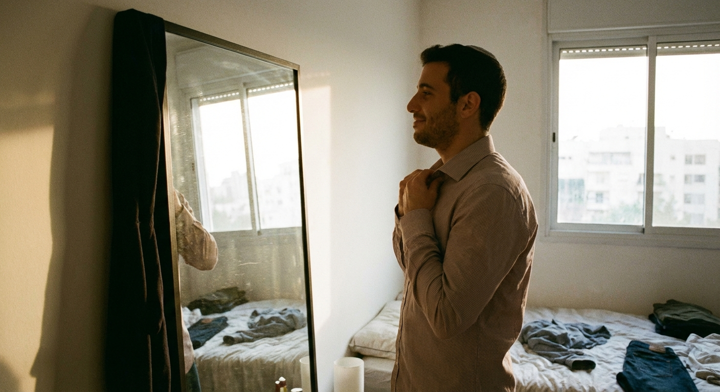 גבר ישראלי צעיר עומד ליד מראה בבית, מסדר חולצה, נושם עמוק ומחייך חיוך קטן של עידוד עצמי