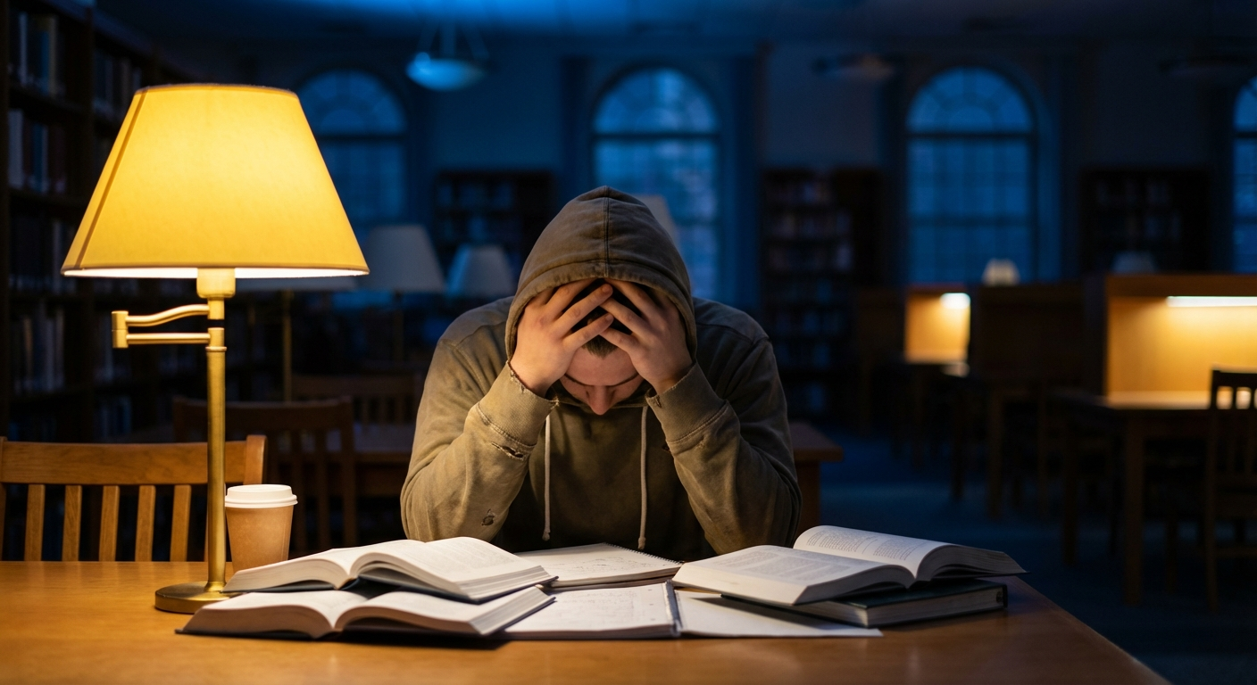 סטודנט/ית יושב/ת בספרייה מול ערימת ספרים, ידיים על הראש, תאורת לילה חמימה