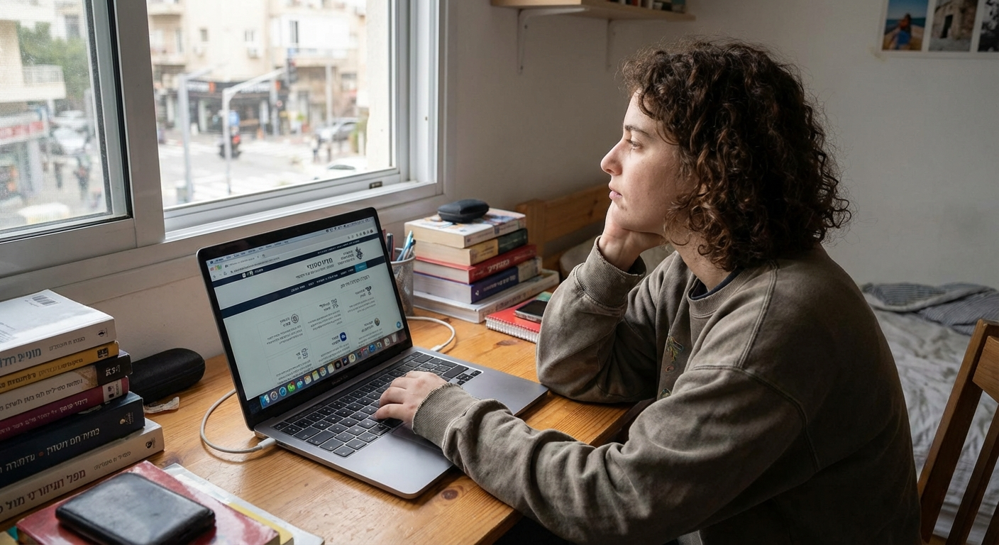 צעיר ישראלי יושב מול מחשב פתוח על אתרי לימודים, מסתכל החוצה מהחלון בחוסר החלטיות, תאורה טבעית