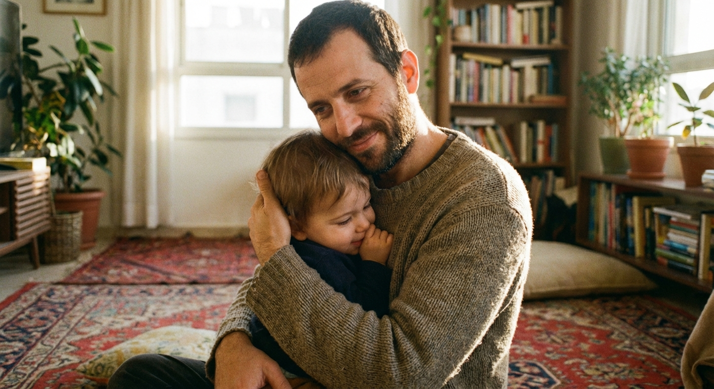 הורה ישראלי מחבק ילד קטן בסלון ביתי עם תאורה חמה, מבט מגן ואוהב