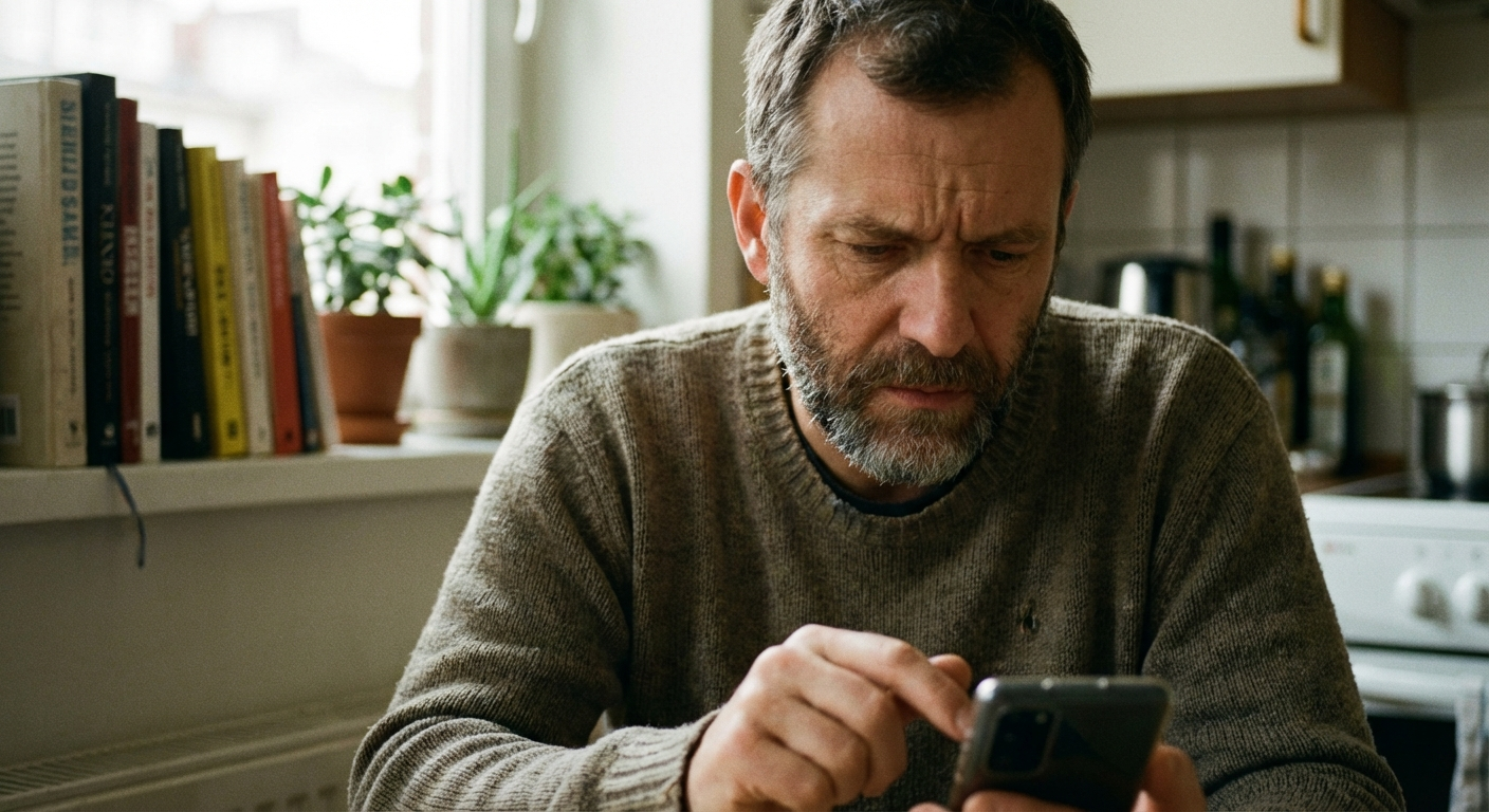 גבר ישראלי צעיר עומד עם טלפון ביד, מהסס לשלוח הודעה, אור טבעי מהחלון