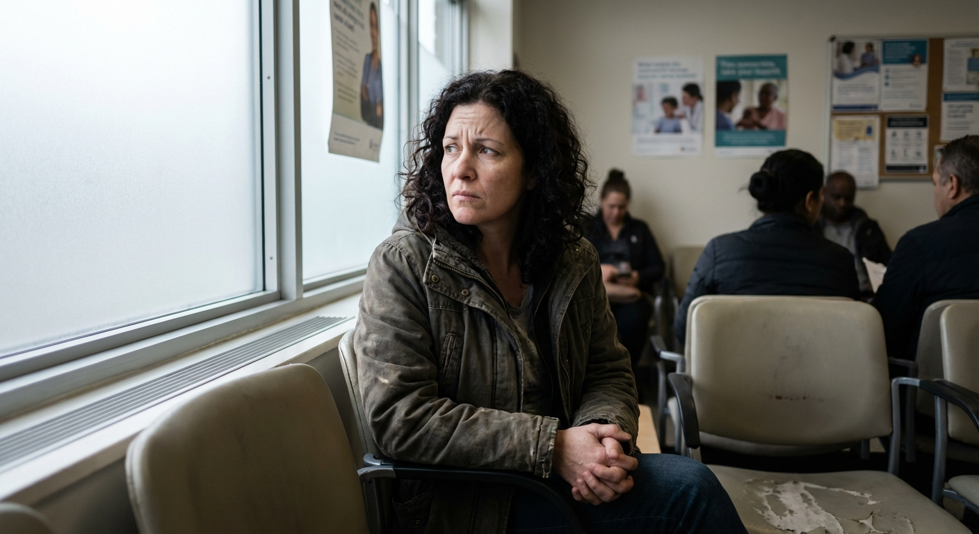 אישה ישראלית בשנות ה-40 יושבת בחדר המתנה של מרפאה ומביטה בחלון בדאגה