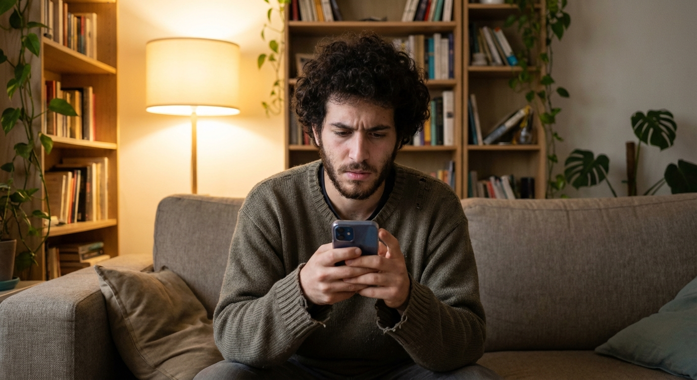 אדם ישראלי צעיר מחזיק טלפון עם אפליקציית הכרויות, יושב על ספה, הבעה מתלבטת