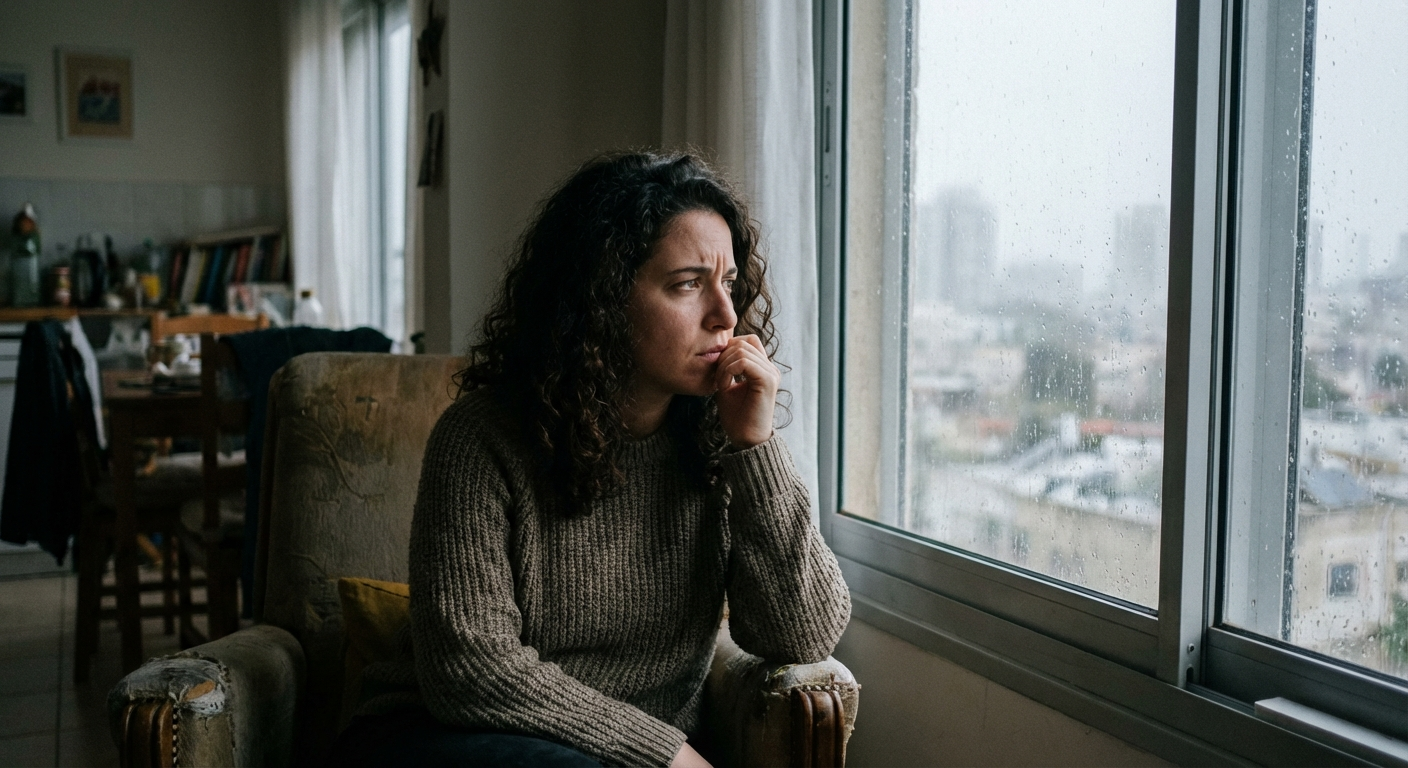 אישה ישראלית צעירה יושבת ליד חלון, מביטה החוצה בדאגה, אור אפרפר של יום מעונן