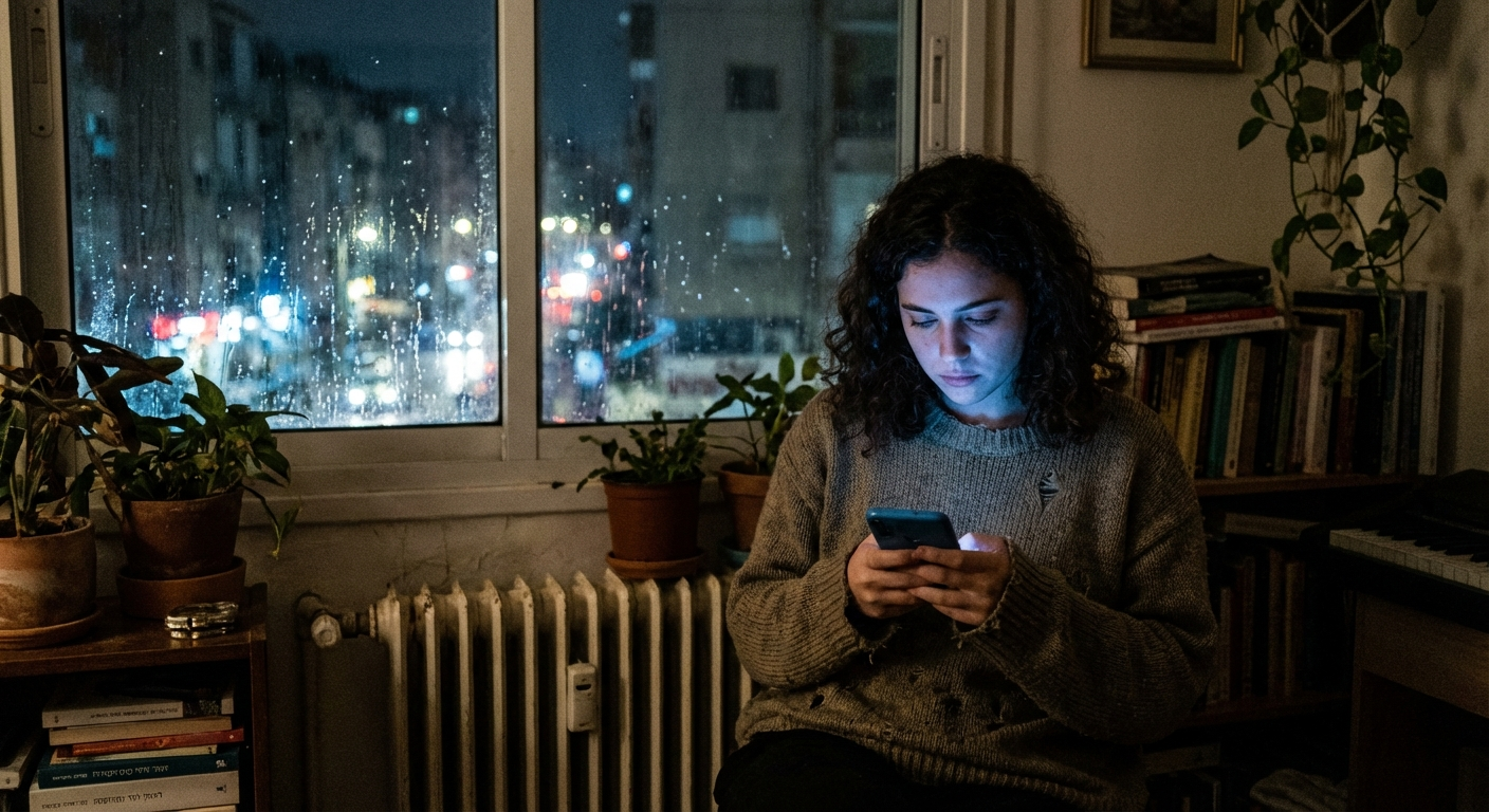 אישה צעירה מחזיקה טלפון ומביטה בו בגעגוע ליד חלון בלילה