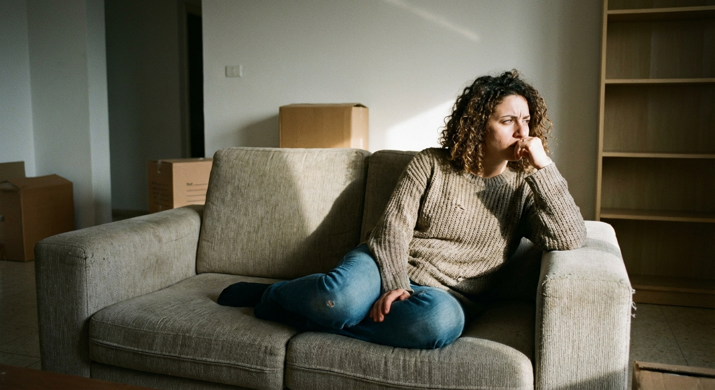 אישה ישראלית צעירה יושבת על ספה בסלון ריק, מבט לא שקט, אור אחר הצהריים