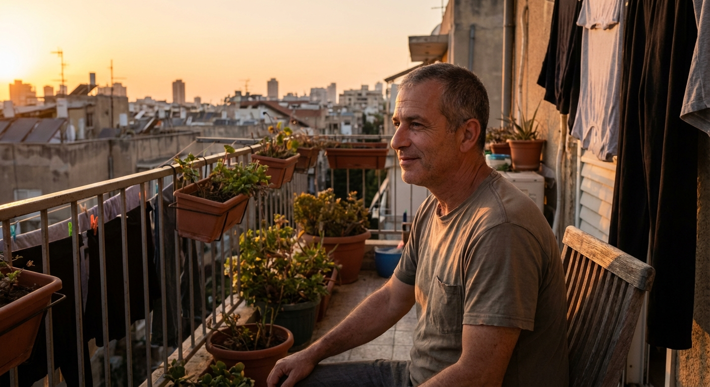 אדם ישראלי בשנות ה-40 יושב על מרפסת בשקיעה, מסתכל לאופק, הבעה מהורהרת ושלווה