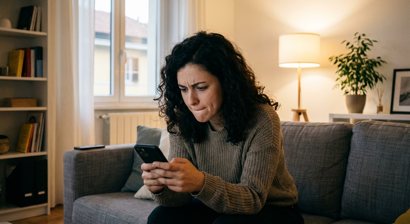 אישה ישראלית צעירה יושבת על ספה ומחזיקה טלפון, מביטה בו עם הבעה מתוחה של המתנה