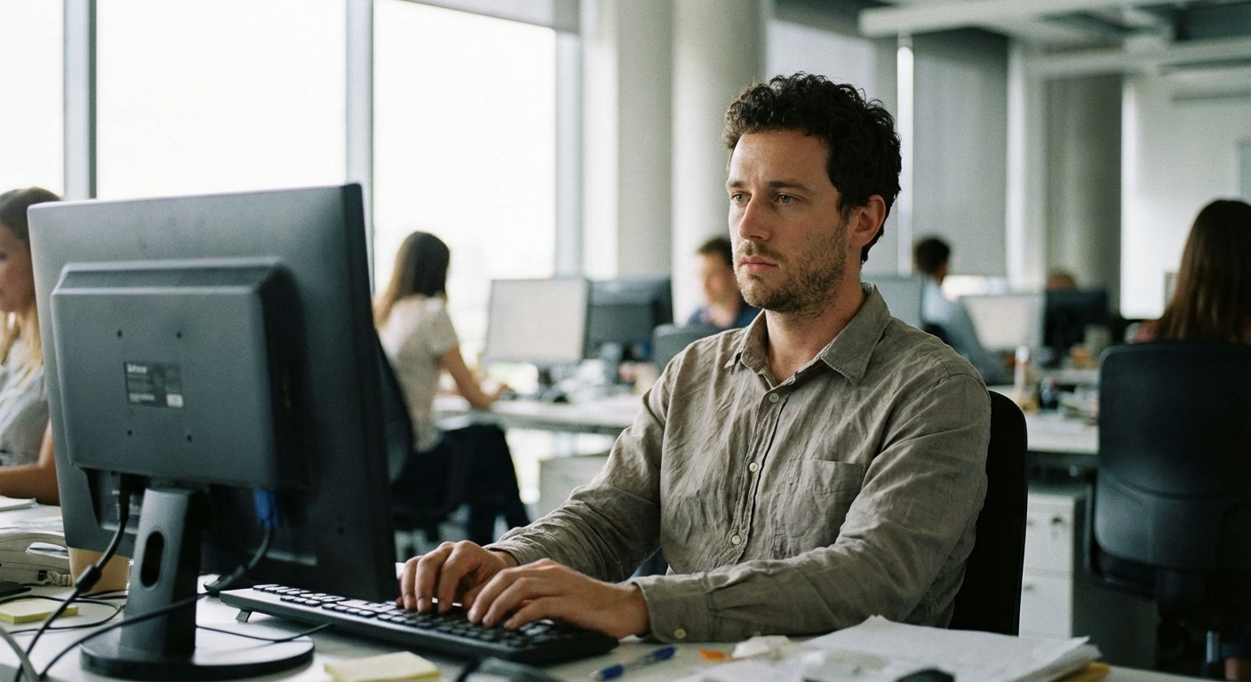 גבר ישראלי צעיר יושב ליד שולחן עבודה במשרד, מביט על מסך מחשב בחוסר חיבור, אור יום טבעי מהחלון