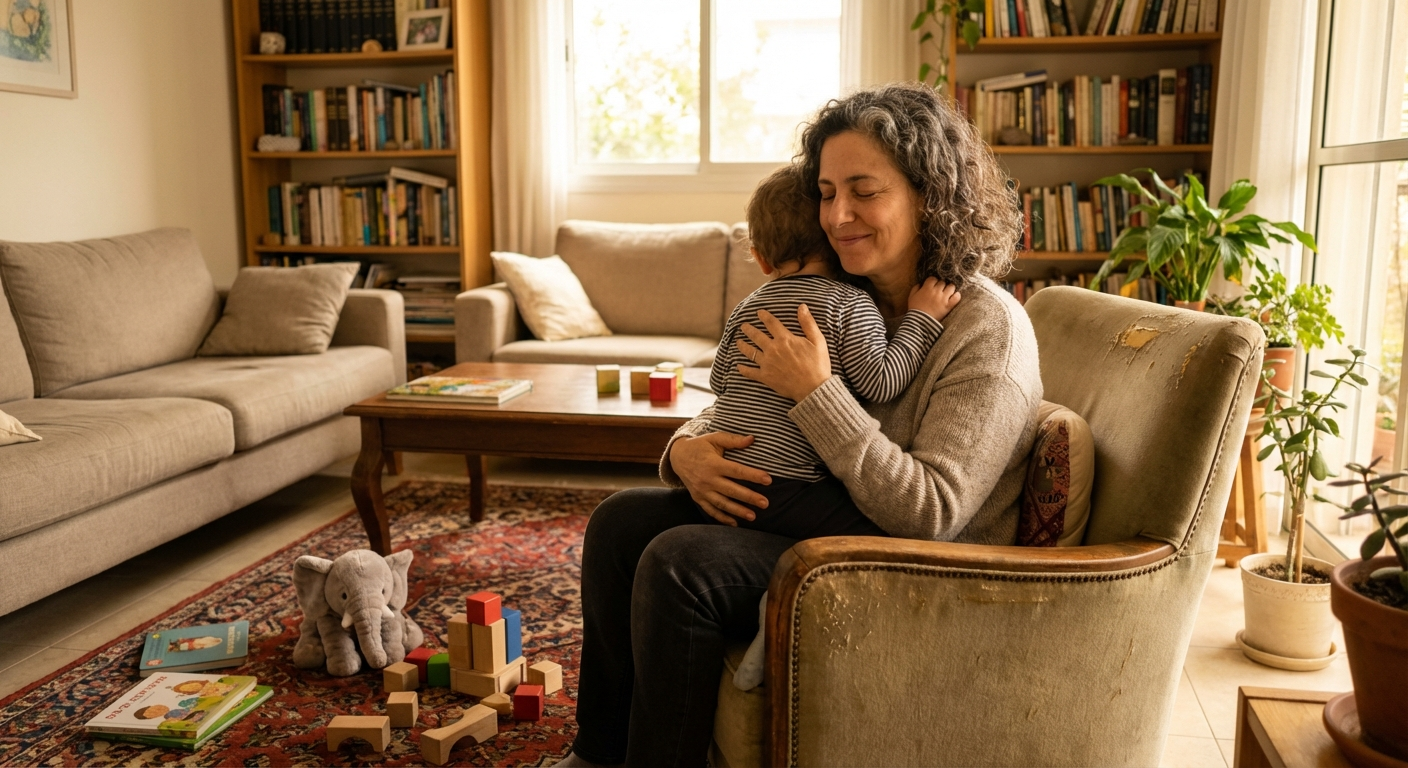 אם ישראלית מחבקת ילד קטן בסלון ביתי, אור רך, תחושת הגנה ורוגע