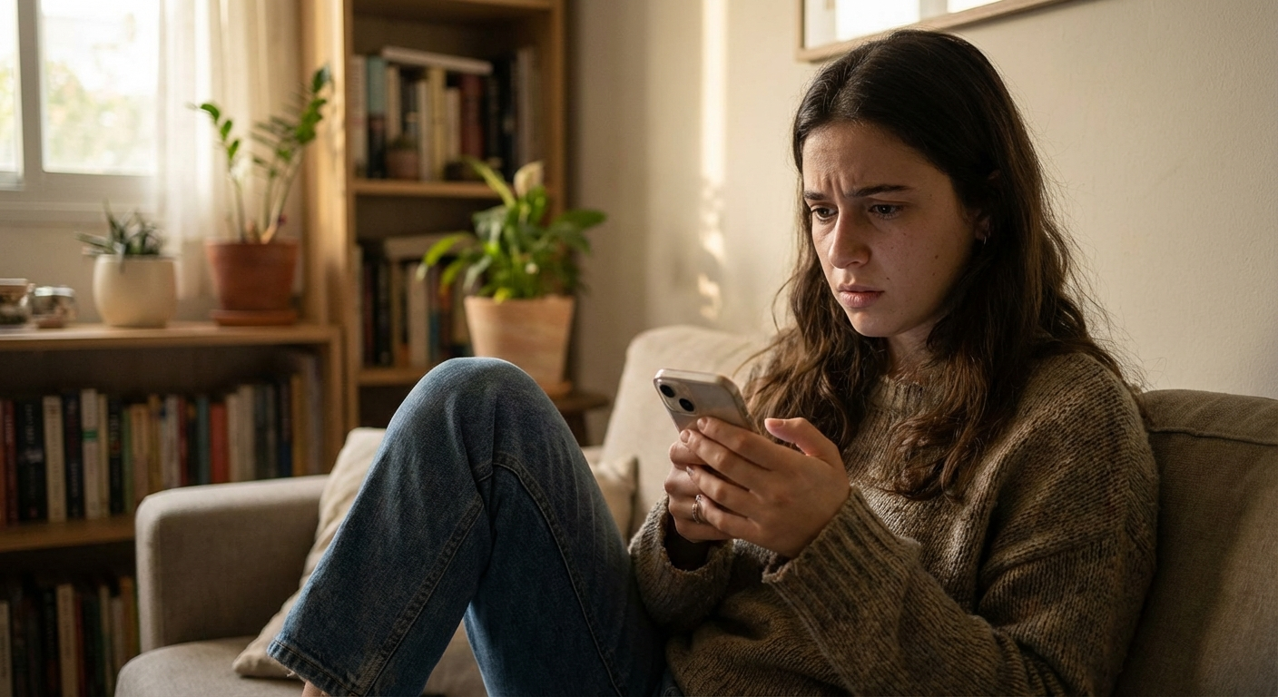 צעירה ישראלית מחזיקה טלפון ביד רועדת, מביטה במסך בחשש, תאורה ביתית רכה