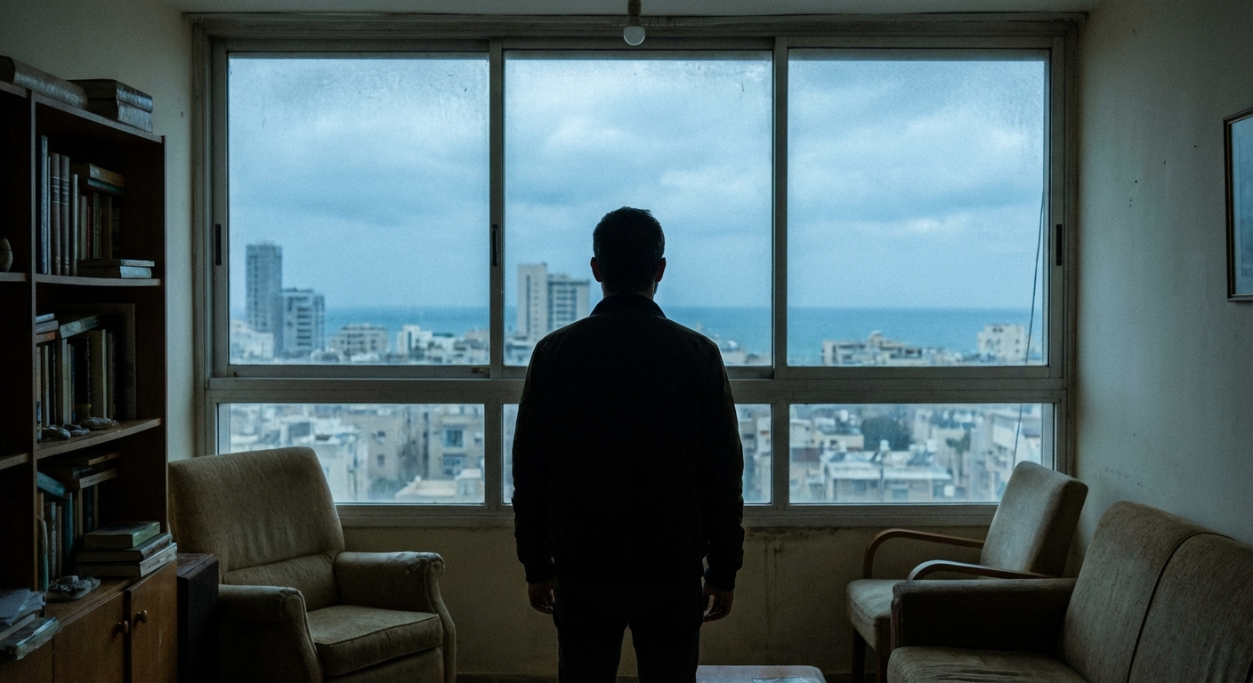 אדם עומד ליד חלון ומביט לשמיים, תאורה כחלחלה עמומה, אווירה מתוחה אך שקטה