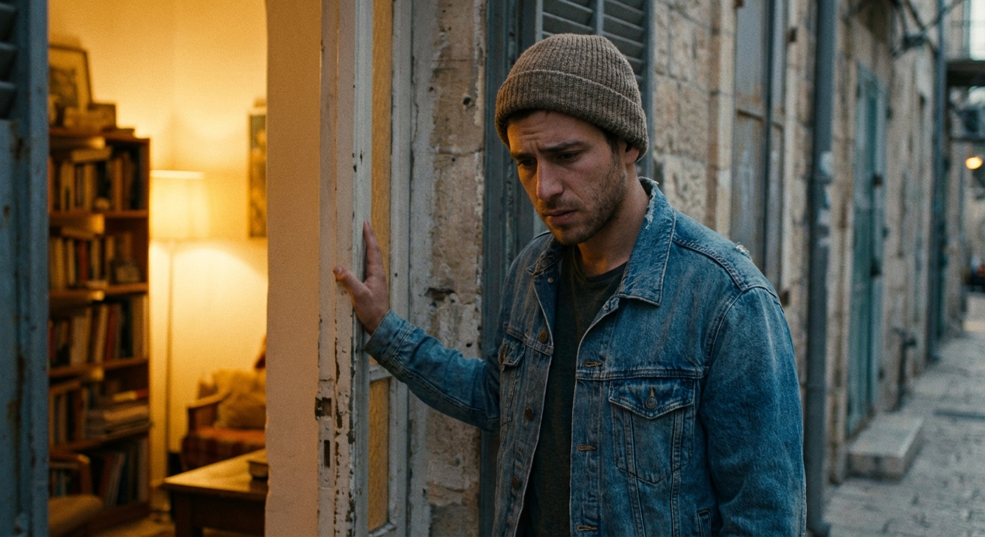 גבר ישראלי צעיר מהסס ליד דלת פתוחה, אור חם בפנים