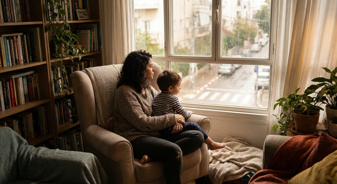אם ישראלית יושבת עם ילד קטן על ברכיה בסלון, מביטה מהחלון, תאורה רכה