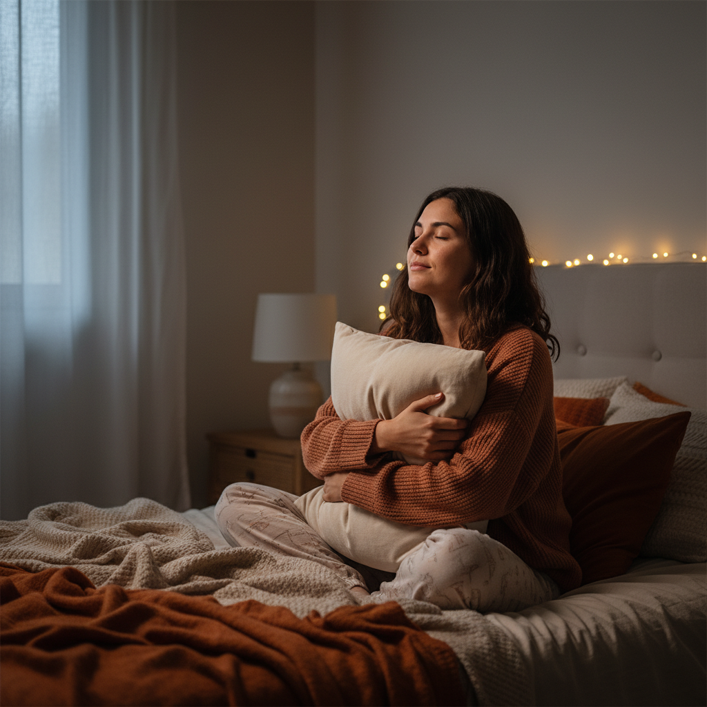 אישה צעירה יושבת על מיטה בחדר חשוך מואר באור לבנה עדין, מחזיקה כרית ונושמת לאט