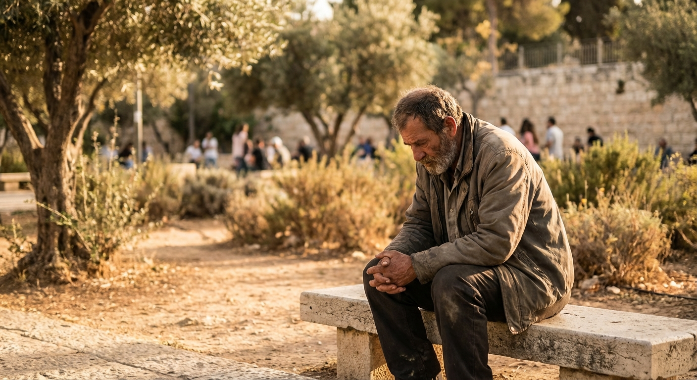 אדם יושב לבד על ספסל בפארק, מביט למטה בהבעה מהורהרת