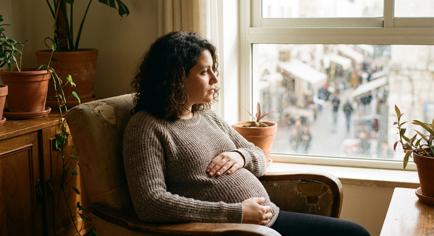 אישה בהריון יושבת ליד חלון, יד על הבטן, ביטוי מהורהר, תאורה טבעית רכה