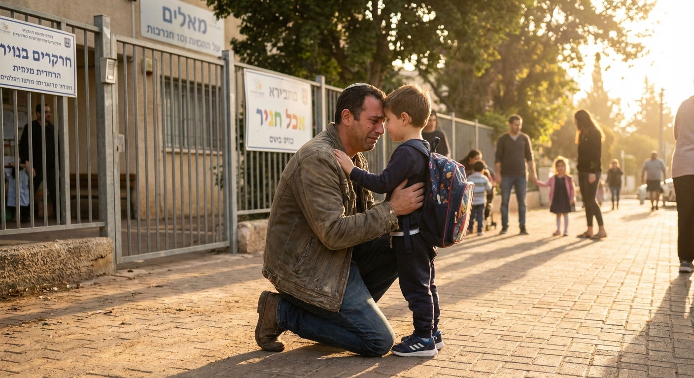 הורה ישראלי מתכופף ליד ילד קטן בשער גן ילדים ישראלי, בוקר שמשי, רגע של פרידה
