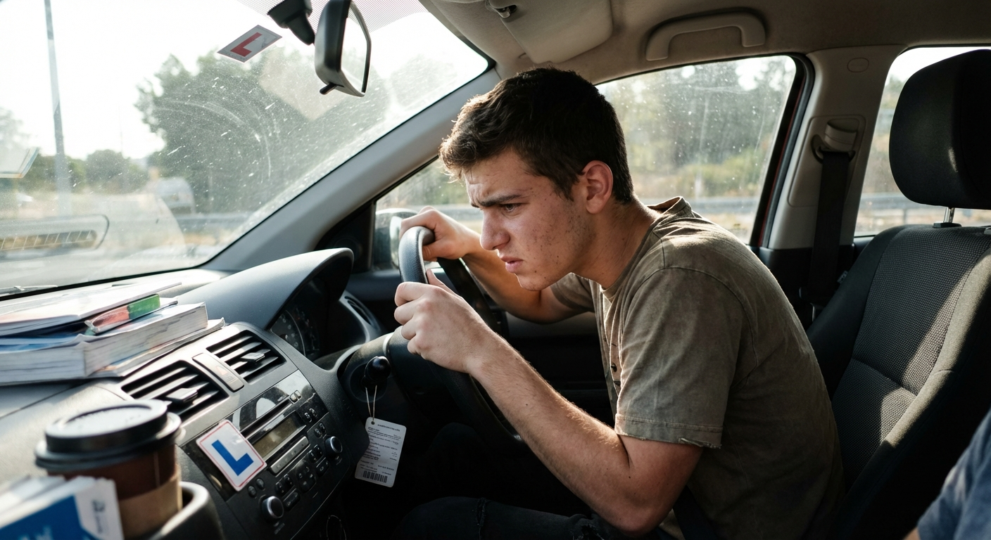 צעיר ישראלי יושב ברכב לימוד נהיגה עם ידיים על ההגה, מבט מתוח אבל נחוש