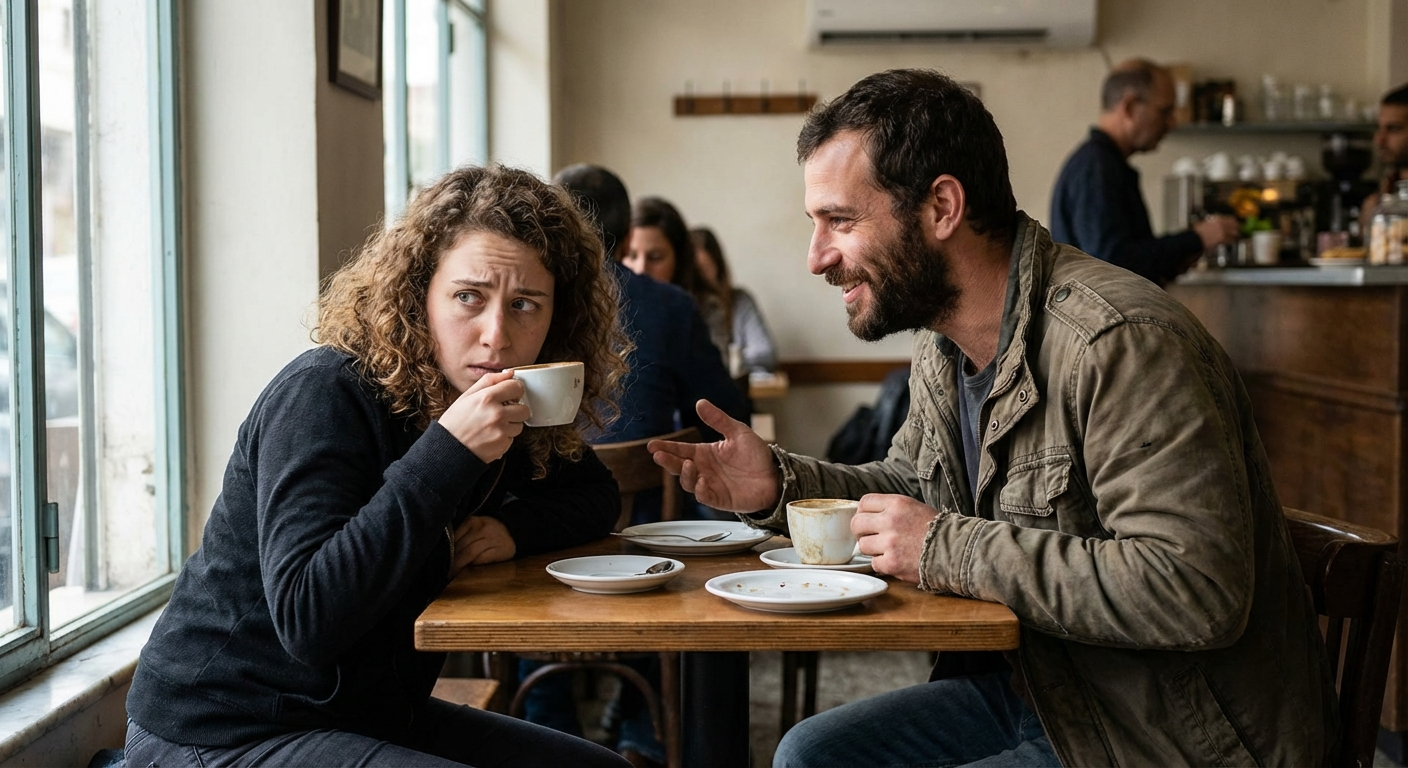 זוג צעיר יושב בבית קפה, אחד מהם מביט לצד בחרדה עדינה