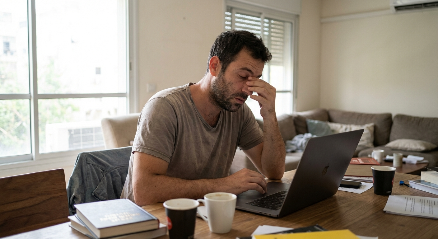 גבר ישראלי יושב מול מחשב נייד בסלון ביתי, מבט עייף ומותש, אור יום טבעי מחלון