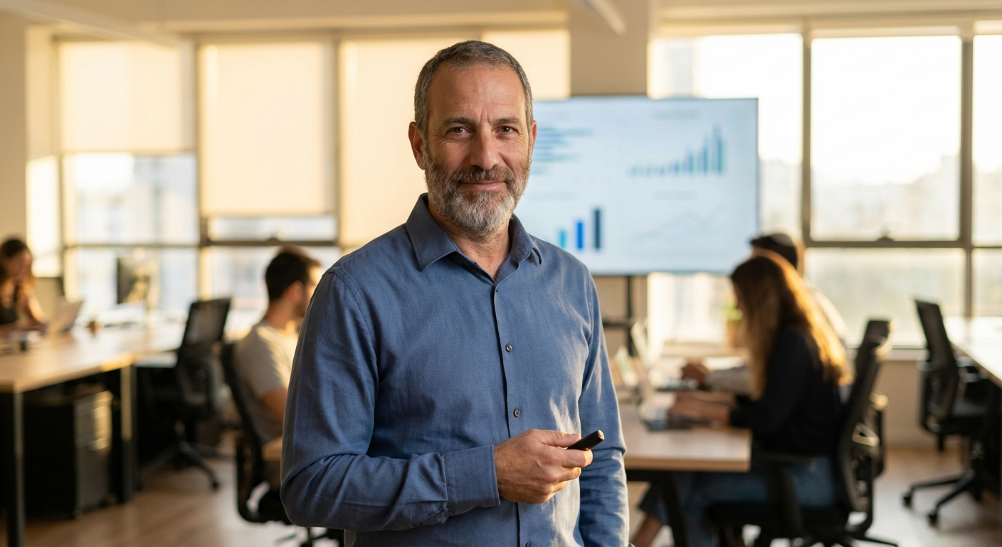 עובד ישראלי עומד מול מסך מצגת במשרד מודרני, מביט על הקהל בביטחון זהיר