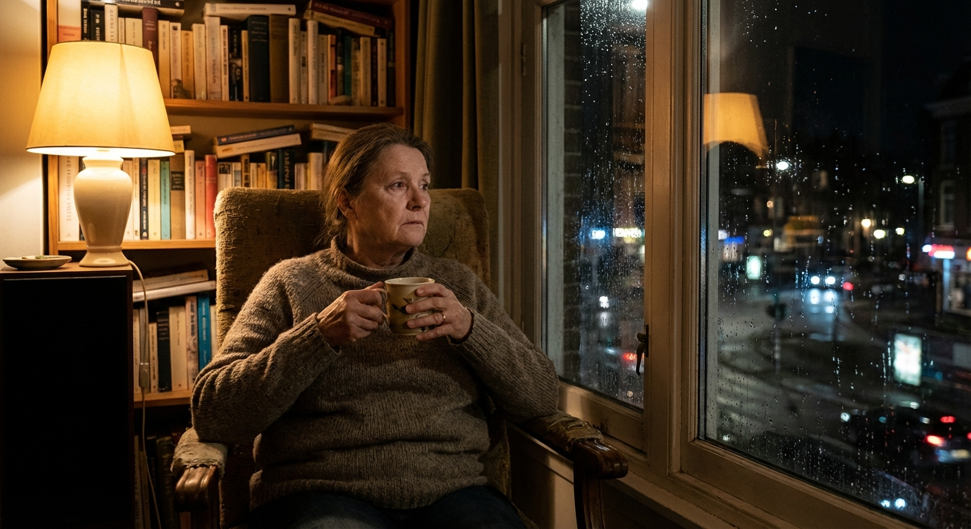 אישה יושבת ליד חלון בלילה, מחזיקה כוס תה, מביטה החוצה בהבעה מהורהרת