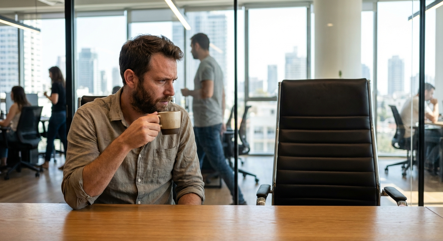 עובד ישראלי יושב ליד שולחן חדש במשרד מנהלים, מסתכל על כיסא המנהל בחוסר ודאות, אור משרדי