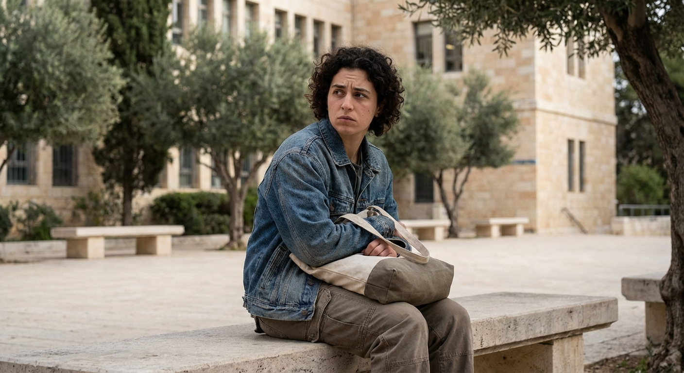 צעיר יושב על ספסל ליד מבנה אקדמי, מחזיק תיק, מביט קדימה עם מתח קל