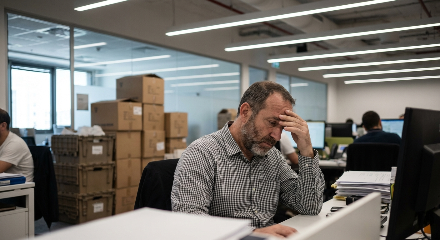 עובד ישראלי יושב ליד שולחן במשרד מודרני עם קופסאות ברקע המסמלות שינויים ארגוניים