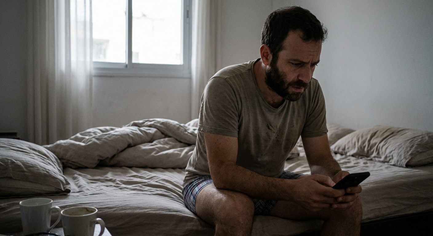 גבר ישראלי יושב על מיטה בבוקר יום ראשון, מביט בטלפון בחרדה, אור בוקר קלוש