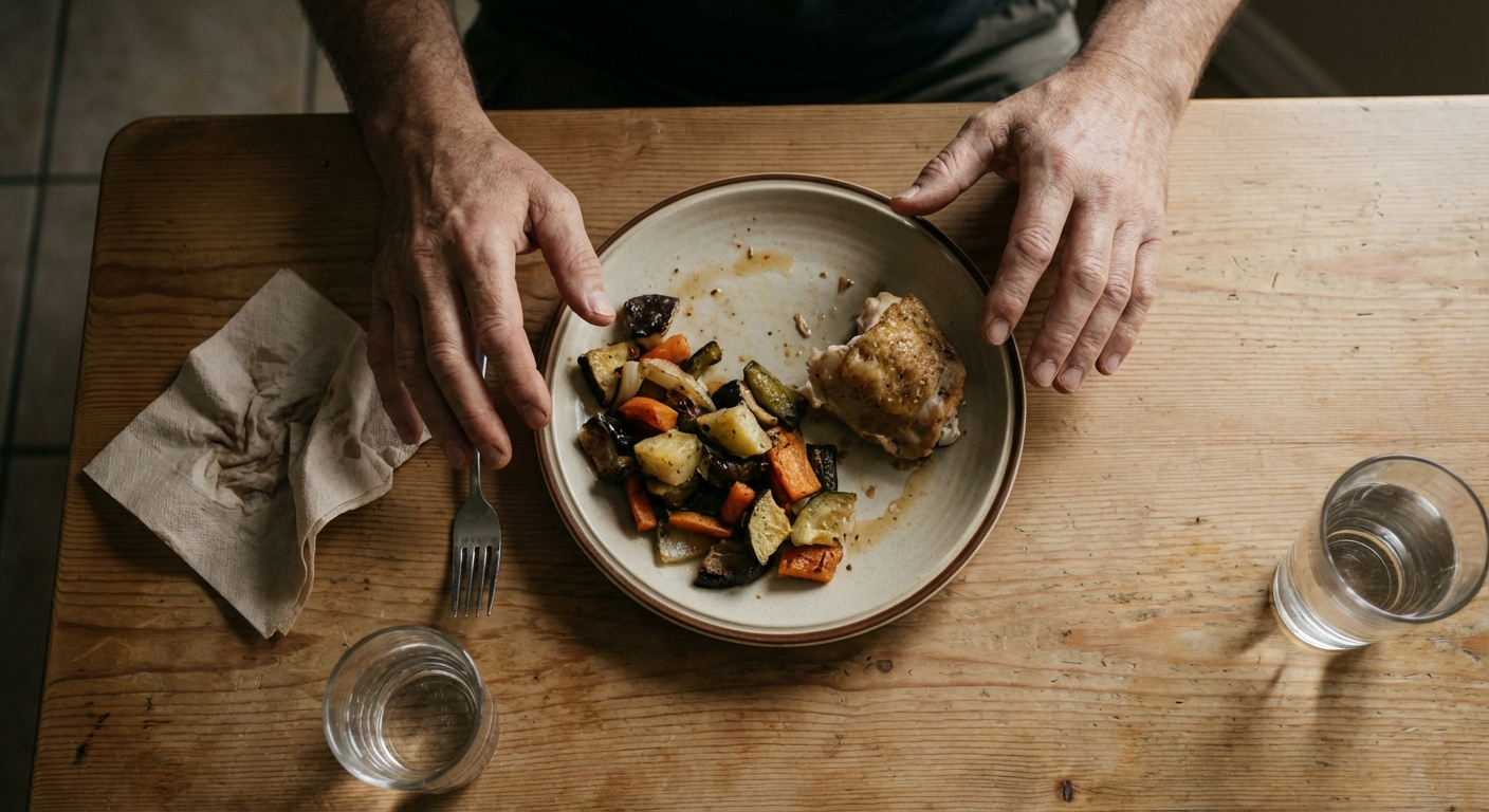 צלחת אוכל על שולחן מטבח, ידיים מהססות מעליה, תאורה טבעית רכה