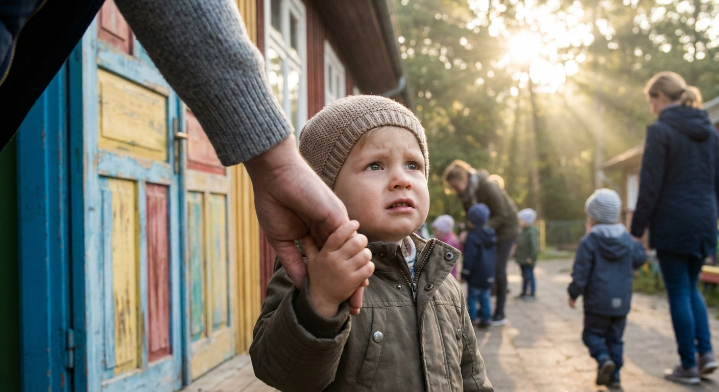 ילד ישראלי קטן מחזיק ביד של הורה בכניסה לגן ילדים, מביט למעלה בחשש