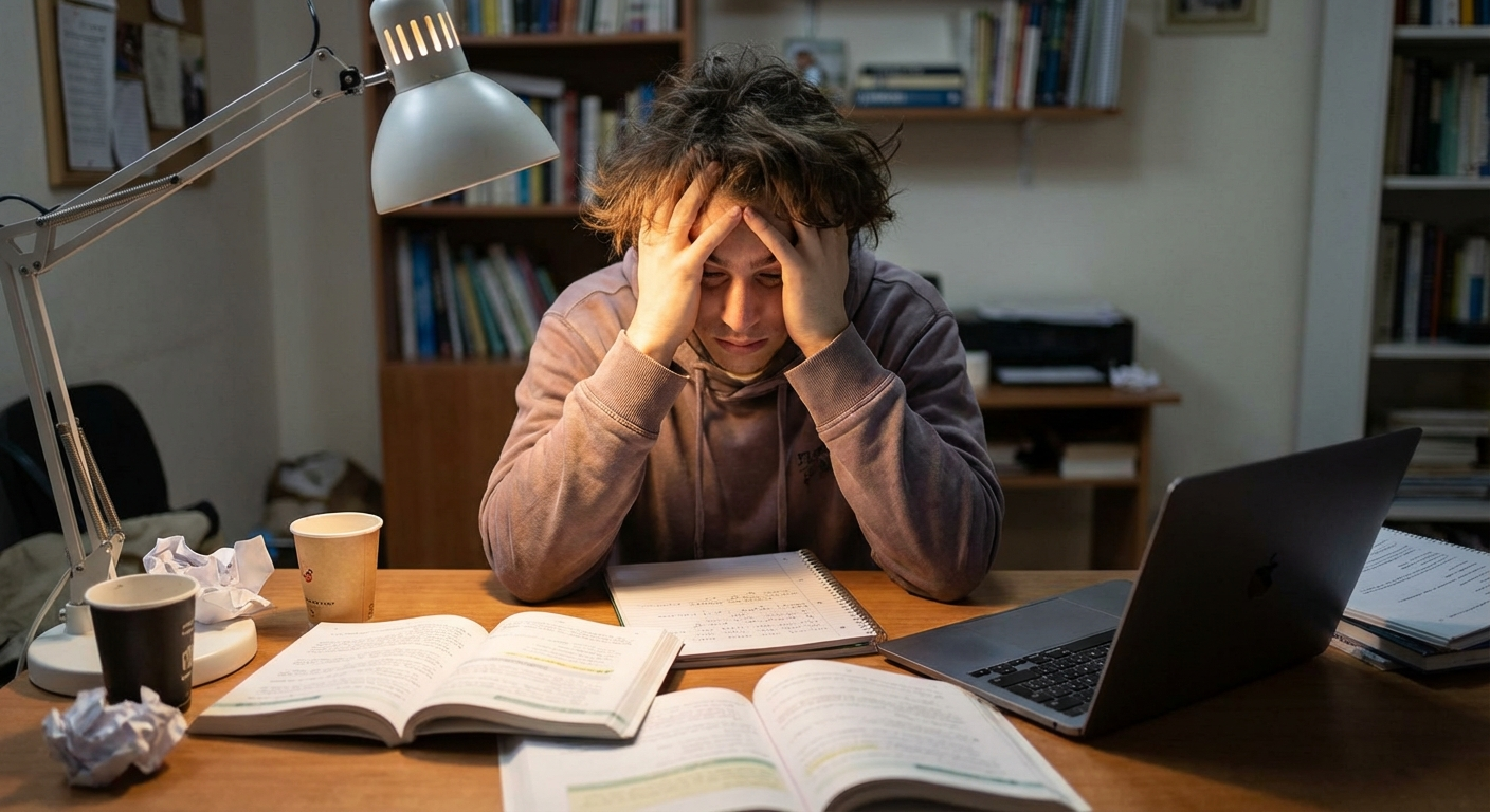 תלמיד תיכון ישראלי יושב מול ספרים ומחברות עם מבט מודאג, חדר למידה