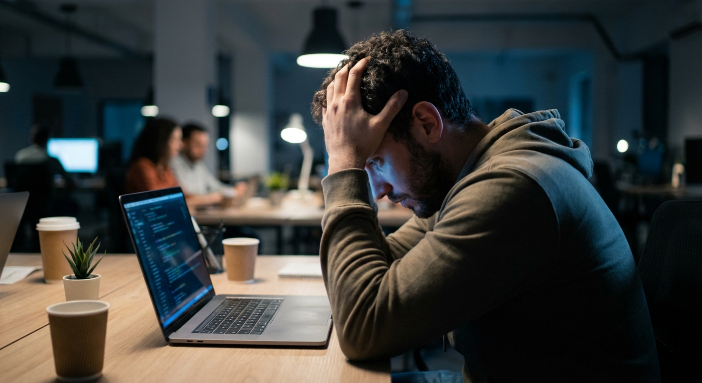 עובד הייטק ישראלי יושב מול מחשב נייד במשרד חשוך עם ידיים על הראש, מסך מאיר את הפנים