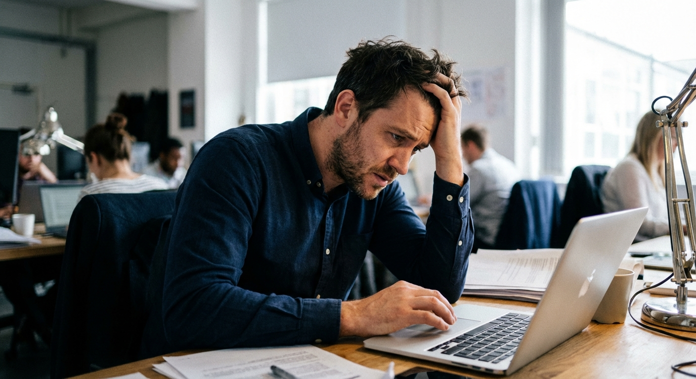 גבר ישראלי צעיר יושב מול מחשב במשרד עם הבעה מתוחה, מוחק שערות מהפנים