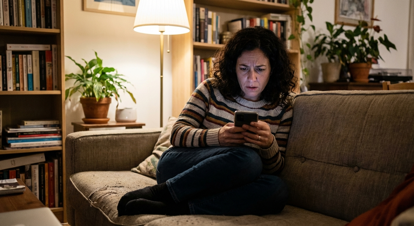 אישה ישראלית יושבת על הספה עם טלפון ביד, מבט מודאג, תאורה ביתית רכה