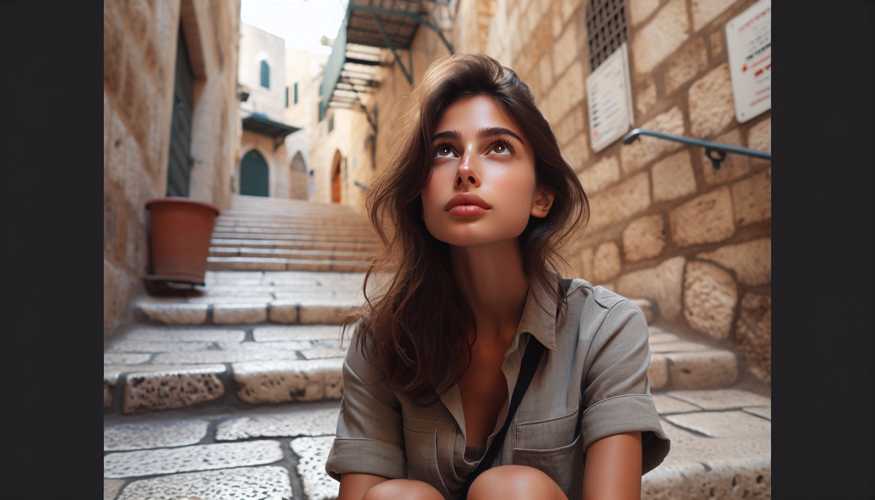 אישה ישראלית צעירה עומדת מול מדרגות עם הבעת נחישות שקטה, אור טבעי רך