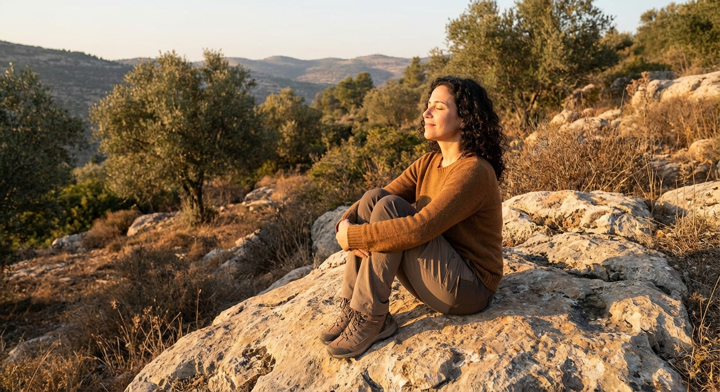 אישה ישראלית יושבת בטבע על סלע, עיניים עצומות, נושמת עמוק, שקט ושלווה