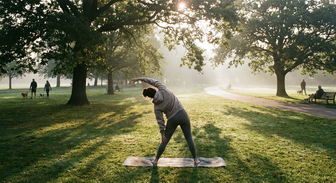 אדם עושה תנועת מתיחה רכה בפארק ישראלי, אור בוקר רך, אווירה רגועה