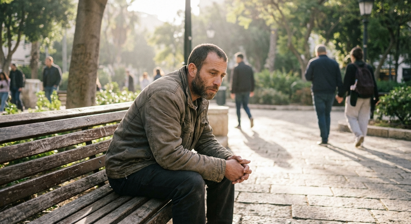 גבר ישראלי בשנות ה-30 יושב על ספסל בפארק, מבט מהורהר, אור בוקר רך