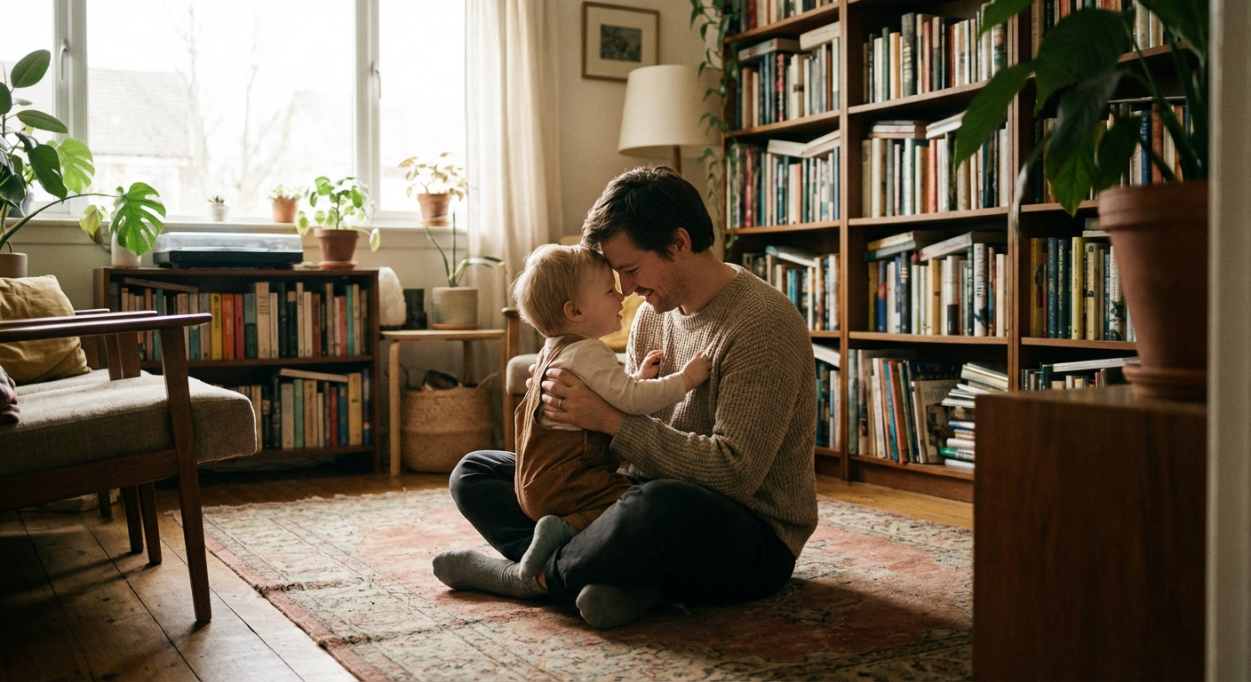 הורה יושב עם ילד על הרצפה בסלון, שניהם בגובה עיניים, אווירה חמה