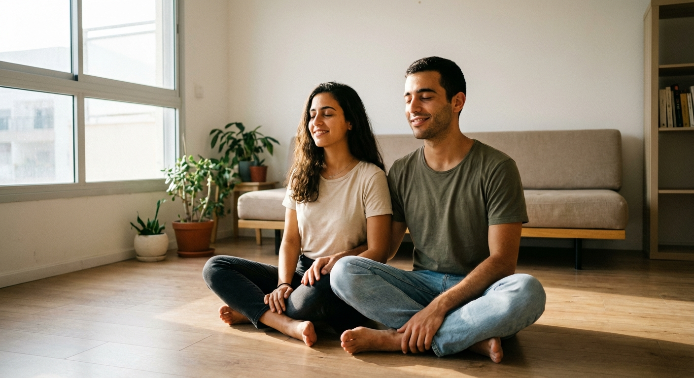 זוג ישראלי צעיר יושב מול מול על הרצפה בסלון, עיניים עצומות, נושמים ביחד, אור רך