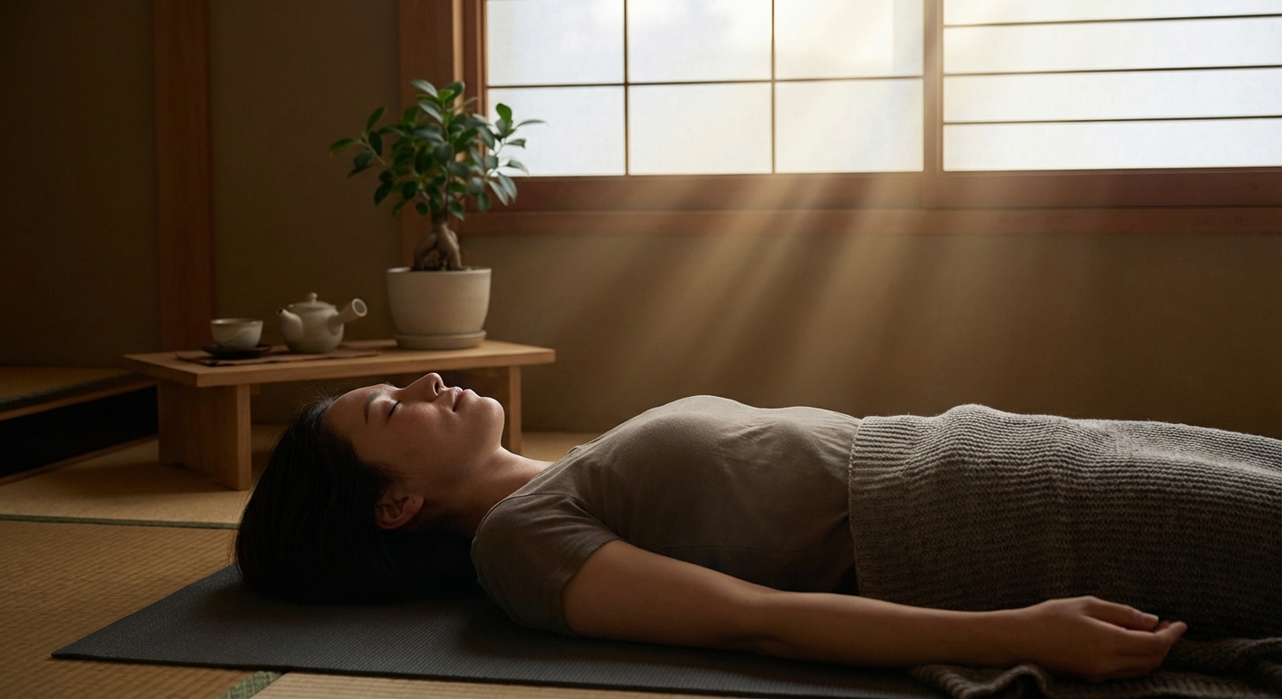 אדם שוכב בנוחות על מזרון יוגה, עיניים עצומות, שרירים רפויים