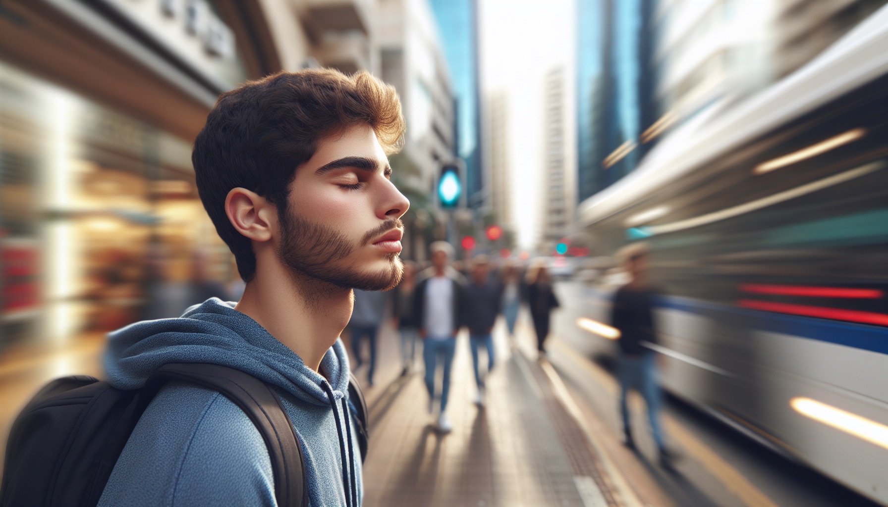 גבר ישראלי צעיר עוצר לרגע באמצע רחוב עירוני, עיניים עצומות, נושם לעומק, סביבו קצב עירוני