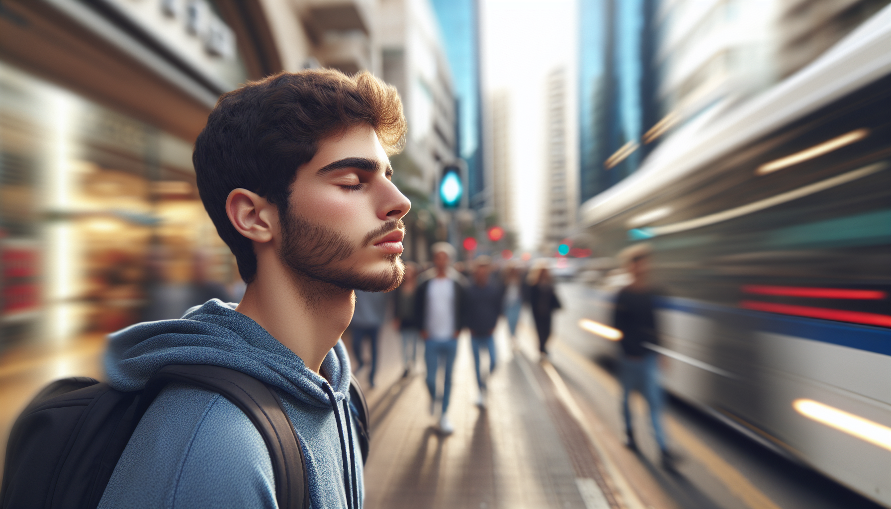 גבר ישראלי צעיר עוצר לרגע באמצע רחוב עירוני, עיניים עצומות, נושם לעומק, סביבו קצב עירוני